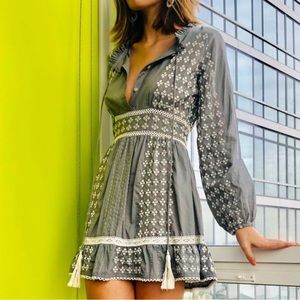 Area Stars Tia Embroidered Mini Dress Cotton Lightweight Long Sleeve Grey Boho L